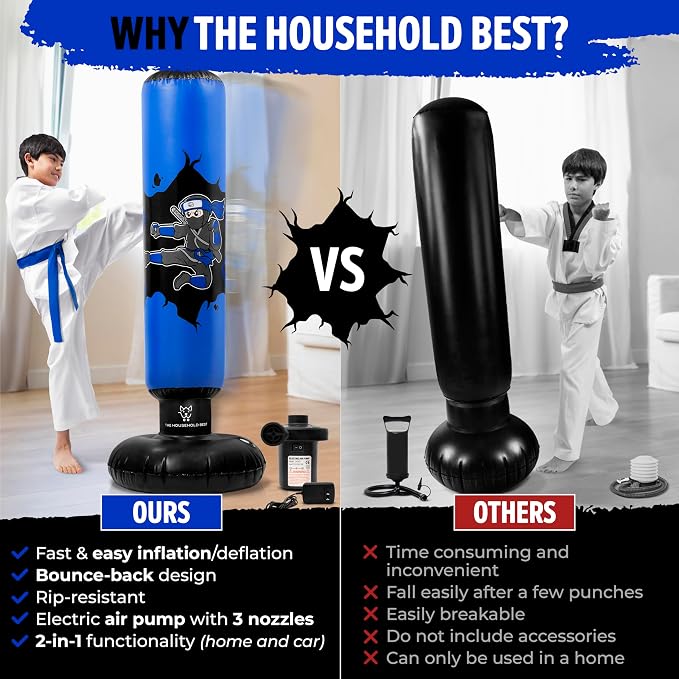 THB Punching Bag for Kids - Inflatable Punching Bag with Boxing Gloves for Kids Age 3-8, 63” Ninja Boxing Bag with Electric Air Pump to Practice Taekwondo, Karate, MMA, Bouncing Back