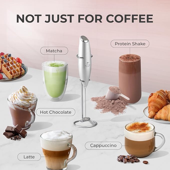 Zulay Kitchen Powerful Milk Frother Wand With Duracell Batteries - Ultra Fast Handheld Drink Mixer - Electric Whisk Foam Maker for Coffee, Lattes, Cappuccino & Matcha - Z1 Motor - Premium Silver