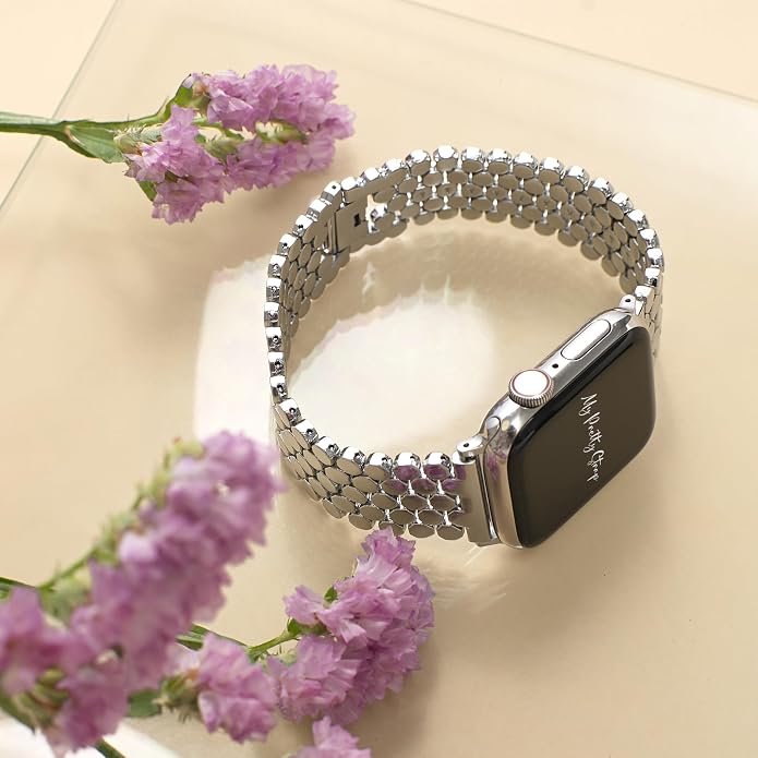 My Pretty Strap - Compatible Apple Watch Band Strap, Stainless Steel Fashion iWatch Replacement Strap- Easy Resizing, No Tool Needed, Fits Most Wrists- Series 1-11, SE and Ultra
