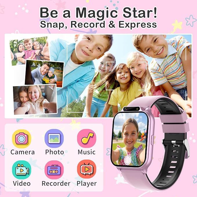 Kids Waterproof Smart Watch Girls with Fitness Tracker Sports Activity Pedometer Heartrate SpO2 Stress Monitor Flashlight APP HD Touch Screen Camera Games Music for 4-13 Year Old Girls Gifts for Kids