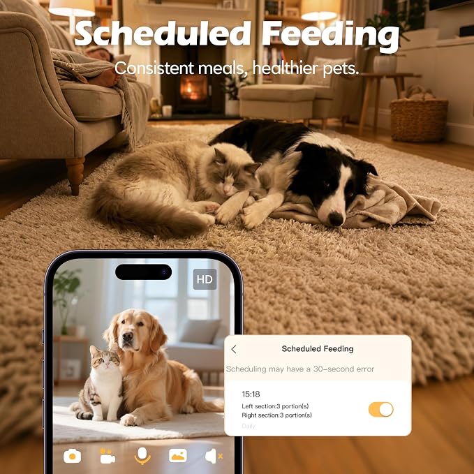 Automatic Cat Feeder with Camera, Automatic Dog Feeder Dry Food, 8L Dual Hopper Auto Cat Food Dispenser, 1080P HD Video with Night Vision/2-Way Audio/APP, 5G WiFi Pet Feeder with Low Food Tray-Black
