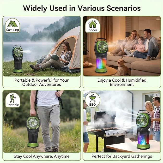 Portable Misting Fan with Remote, 2L Water Tank & 2 Spray Modes, 30000mAh Rechargeable Outdoor Cooling Fan, 4 Wind Speeds, 3 Timers, 120° Oscillation, RGB Lights & Flashlight for Camping Beach Patio