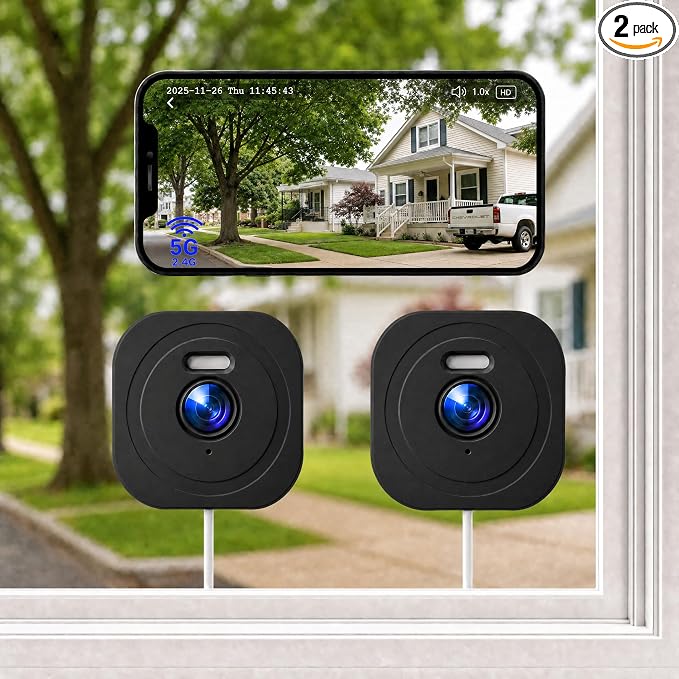4MP 2K Window Camera (2-Pack), No Glare Thru-Glass Full-Color Night Vision, 2.4GHz & 5GHz WiFi Indoor Cameras for Home Security, Easy Install, Motion Detection, No Monthly Fee, 24/7 Recording