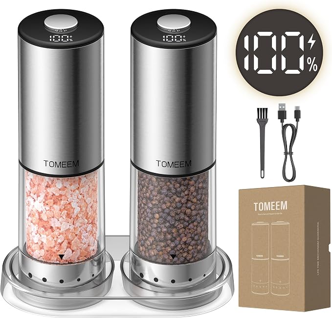 TOMEEM Rechargeable Electric Salt and Pepper Grinder Set, 115ml Large Capacity Stainless Steel Automatic Pepper Mill with Storage Base, LED Display and Light (Silver, Clear Storage Base)