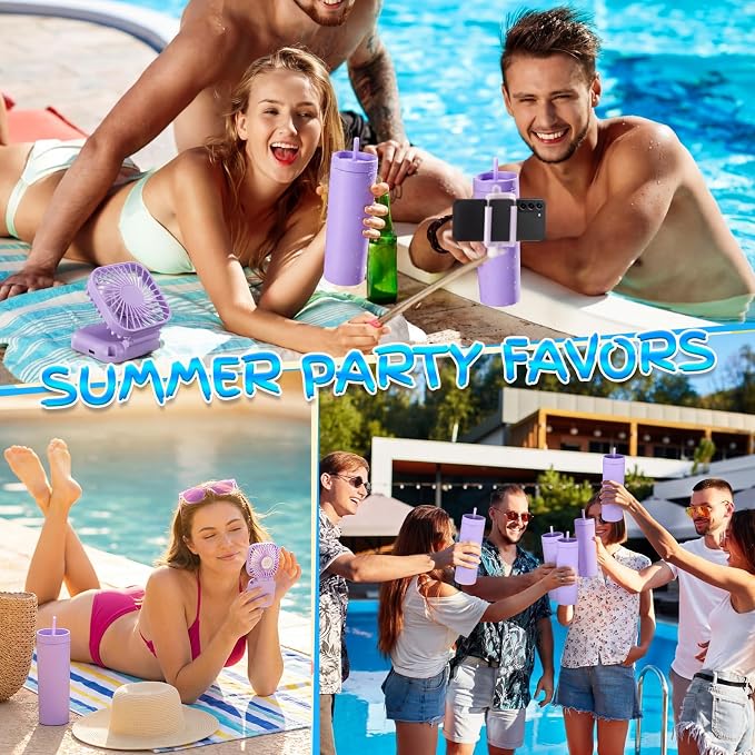 Reallnaive 12 Pcs Skinny Tumbler Bulk and Mini Portable Fans Set for Summer, 16 oz Plastic Cups with Lids Straws and Small USB Rechargeable Handheld Fan for Cooling Gift (Purple)
