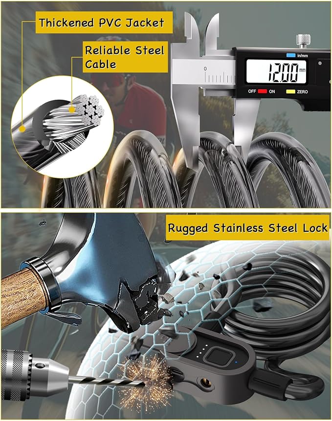 Bike Lock with Fingerprint, Bicycle Lock with Keys Fingerprint Bluetooth Control Digital Electronic Biometric, Heavy Duty Waterproof High Security Bike Locks Scooter Motorcycle Bicycle-Black