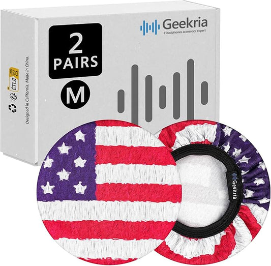 Geekria 2 Pairs Flex Fabric Headphones Ear Covers - Product Safety Certified - Washable & Stretchable Earcup Protectors for Over-Ear Headsets, Sweat Pads for Gym (M/America Flag Pattern)