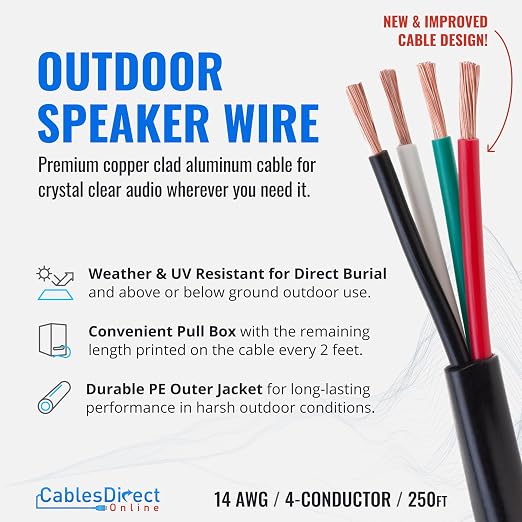 Cables Direct Online Speaker Wire 14 Gauge, 250 ft for Outdoor and Indoor Use, 14/4 CCA (Copper Clad Aluminum) Stranded Bulk Audio Cable, In Ground Direct Burial Waterproof and UV Resistant