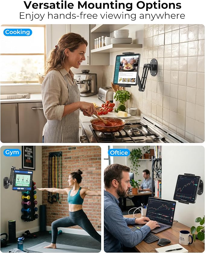 iPad Wall Mount Holder, Heavy Duty Aluminum Tablet Wall Mount, Full Motion Tilt & Swivel Base, Adjustable Foldable for Kitchen, Gym, Fits iPad Pro Air Mini, Galaxy Tab, 4.7-13" Phones & Tablets, Black