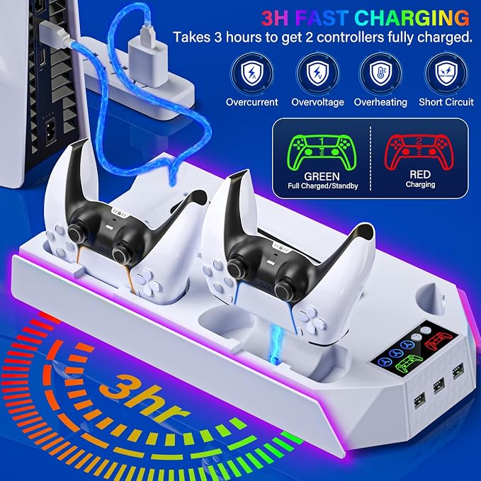 PS5 / PS5 Slim Cooling Station with Controller Charging Station - LED Light Cooling Stand for Playstation 5 Slim Disc/Digital Console, Accessories Incl RGB Light/Cooler Fan/3 USB Hubs/Headset Holder