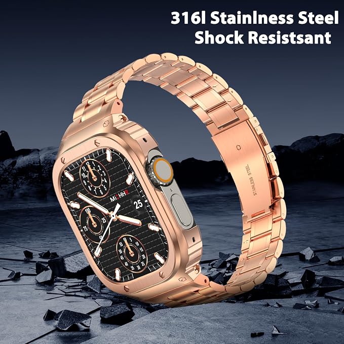 MioHHR Stainless Steel Watch Band with Case Compatible with Apple Watch Series Ultra3 2 1(49mm),Rugged Strap with Metal Protective Bumper Cover for iWatch Band Men(Rose Gold)