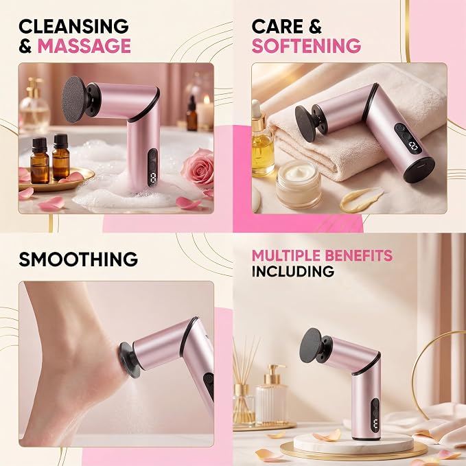 Electric Foot Callus Remover, Rechargeable Pedicure Kit with 10 Heads & 40 Grit Pads, 3 Speed LED Display, Strong Motor for Heels & Dead Skin, Portable & Foldable Callus Remover for Smooth Feet, Pink