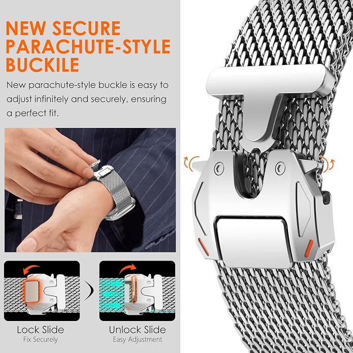 WINGLE Milanese Loop for Apple Watch Band Ultra 3/2/1 Band Ultra 49mm Series 11 10 46mm 45mm 44mm SE 3/2/1 Series 9 8 7 6 5 4 3 Men Women,Parachute-Style Buckle Stainless Steel Mesh Metal iWatch Bands