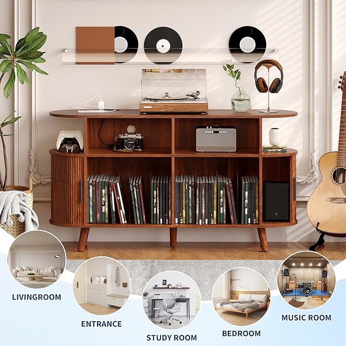 Garvee 55'' Fluted Mid Century Modern Turntable Cabinet with Vinyl Storage, Large Round Record Player Stand with Charging Station and Display Shelf, Arched Wood Record Player Table for Living Room