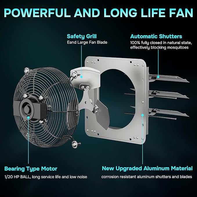 Simple Deluxe 20 Inch Wall Mounted Shutter Exhaust Fan with Temperature Controller and Power Cord Kit, Aluminum, 1200 RPM, 3368 CFM, for Attic, Garage, Louvered Vent, Plant, Greenhouse, Silver