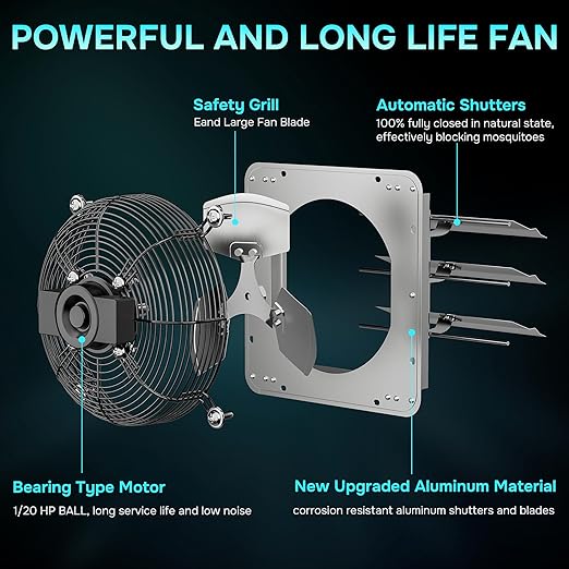 Simple Deluxe 14 Inch Wall Mounted Shutter Aluminum Exhaust Fan with Temperature Controller and Power Cord Kit, 1600 RPM, 1000 CFM, for Attic, Garage, Louvered Vent, Plant, Greenhouse, Silver