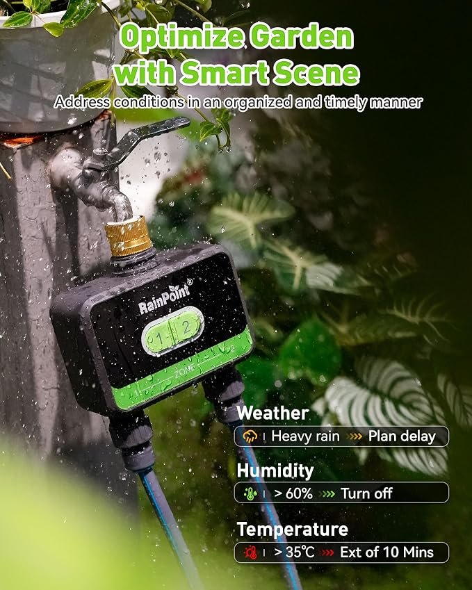 RainPoint WiFi Water Timer for Garden Hose with Brass Inlet, 2-Zone Smart Sprinkler Hose Timer, WiFi Irrigation Controller, Automatic Watering System for Lawns and Yard