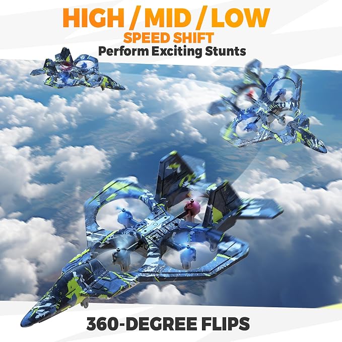 BEZGAR RC Plane, Foam Remote Control Airplane, Drone for Kids, RC Aircraft for Boys and Girls, Fighter Jet Helicopter with LED Lights, Altitude Hold, 360° Flip Stunt Rotation, Toy Airplane Blue