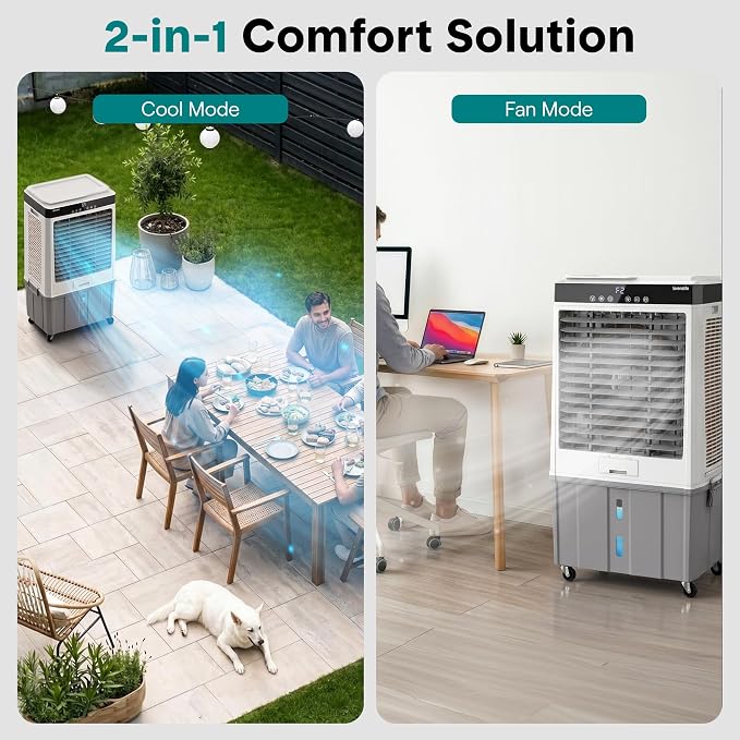 SereneLife Portable Swamp Cooler with 4000 CFM Power - Heavy-Duty Evaporative Air Cooler for Large Indoor & Outdoor Spaces, 65L Tank, 60° Oscillation, 12-Hour Timer, Wi-Fi & Remote Control