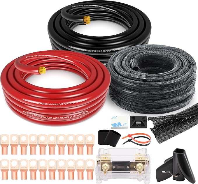 1/0 Gauge Wire CCA Power/Ground Cable 40FT Black/Red with lugs,250A ANL Fuse,1/2 inch Cable Split Sleeving,Self Adhesive Mounts Zip Ties kit