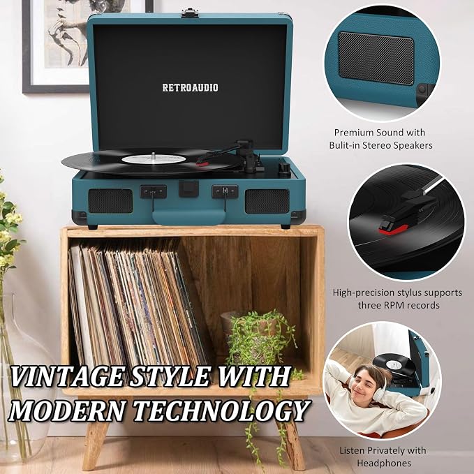 Vinyl Record Player 3 Speed Bluetooth Portable Suitcase Belt-Driven Record Player with 2 Built-in Stereo Speakers Vinyl Vintage Turntable Records Player with RCA Line Out, AUX Out (Smoke Blue)