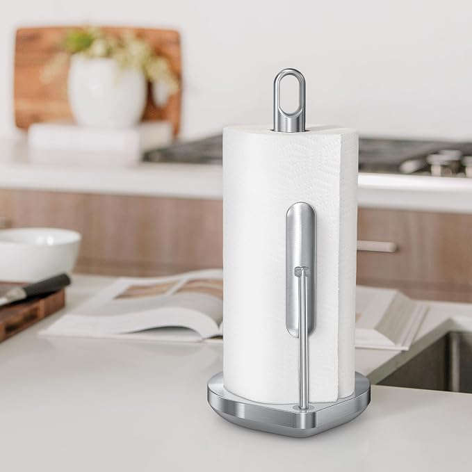 simplehuman 8 oz. Touch-Free Sensor Liquid Soap Pump Dispenser with Soap Sample, Brushed Nickel & Tension Arm Standing Paper Towel Holder, Brushed Stainless Steel