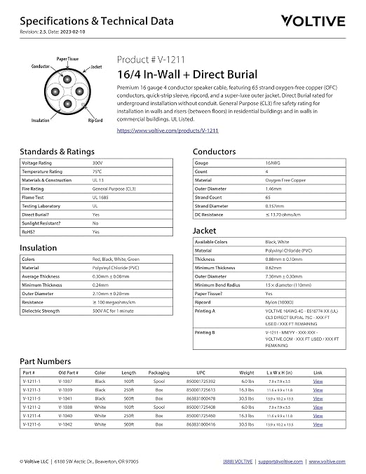 Voltive 16/4 Speaker Wire, in-Wall CL3 & Direct Burial, White, 250ft - 16AWG, 4 Conductors, Stranded Oxygen-Free Copper, UL Listed - V-1211-4