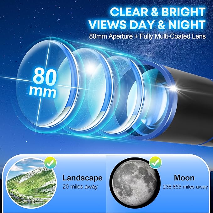 Hawkko Telescope for Adults & Kids Beginners, 80mm Aperture 500mm Telescopes for Adults Astronomy, (20X-150X) Portable Refractor Telescope Kit with Decorate Stickers, Backpack, Phone Adapter-BlackBlue