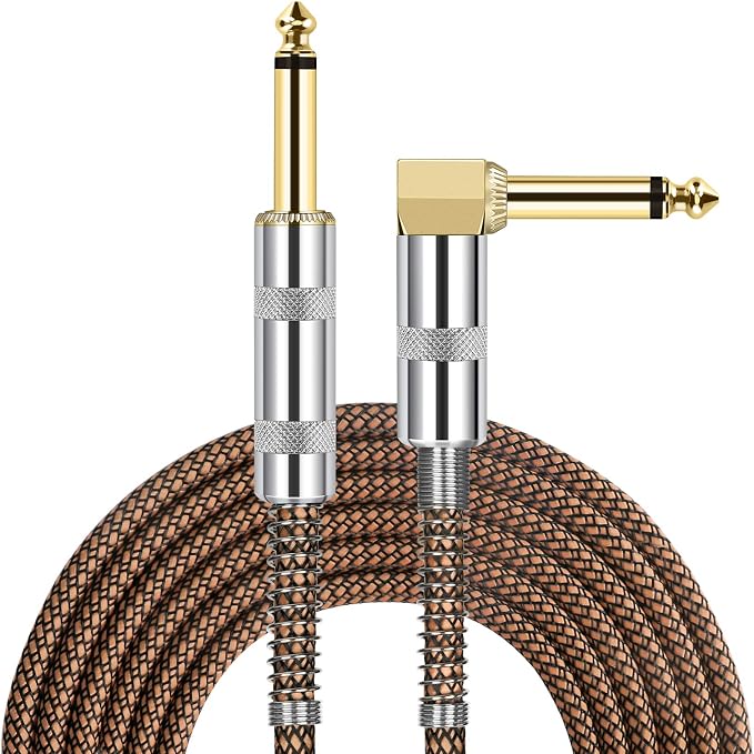JOLGOO Guitar Cable, 1/4 Inch Cable 15 Ft, Straight to Right Angle 6.35mm Plug Bass Keyboard Instrument Cable, Orange and Black Tweed Cloth Jacket, Electric Mandolin, pro Audio