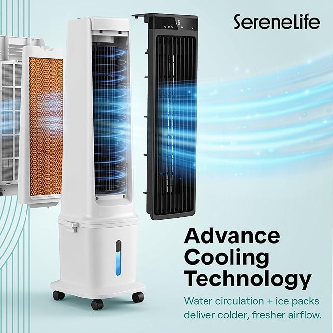 SereneLife Evaporative Air Cooler with 17L Detachable Water Tank, Air Cooler with 1800 CFM Cooling Power, Indoor Outdoor Oscillating System with Wheels, Remote & Ice Packs, (Black & White)