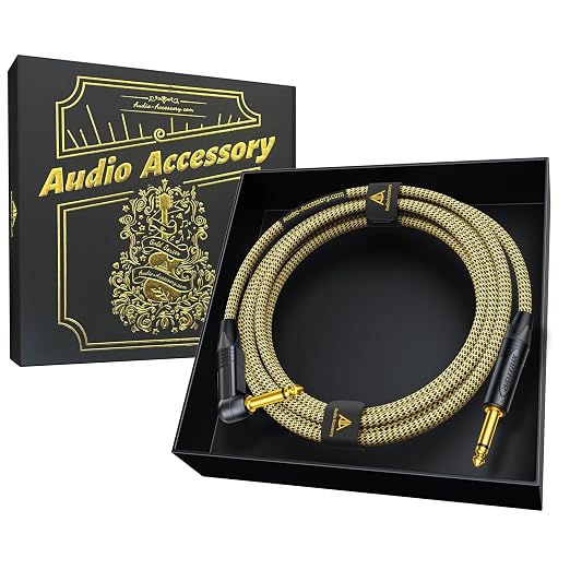 AA AUDIO ACCESSORY Gold Series Right Angle Guitar Cable 10 ft (Gold-Plated Neutrik Connectors) 16 AWG, Kevlar Reinforced Braided 1/4 Instrument Cord for Electric Amp Bass, 100% Shielded, Yellow/Black