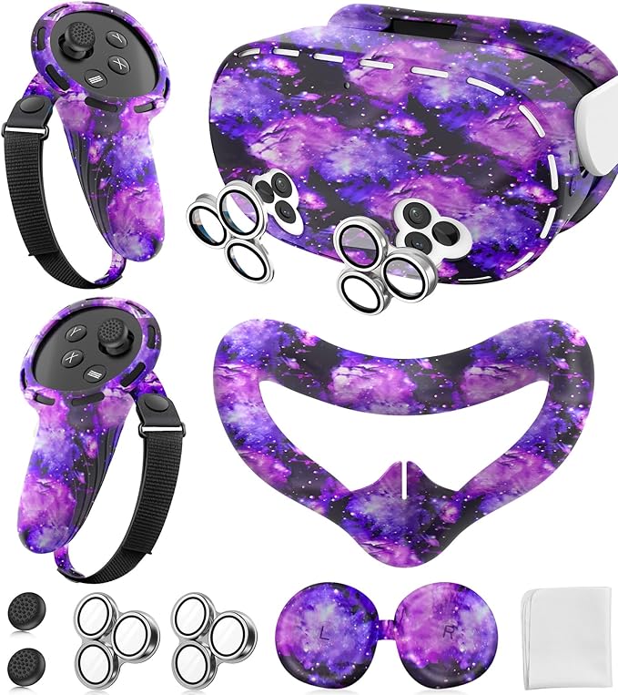 Silicone Cover Set Compatible with Meta/Oculus Quest 3s Accessories, Silicone Face Cover, Controller Grip Cover, Camera Lens Protector, VR Shell Cover, Protective Lens Cover, Not Fit Quest 3