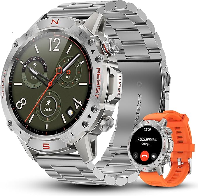 WalkerFit Silver Smart Watch for Men, Stainless Steel Band, 1.43" AMOLED Round Smartwatch, 5ATM Waterproof for Swim Run Hike Cycle, 170+ Sports Modes, Heart Rate SpO2, Sport Watch for iPhone Android