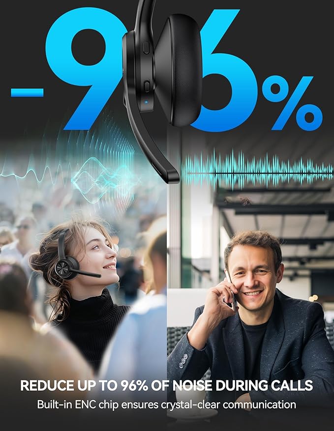 TECKNET Wireless Headset with USB Dongle, Bluetooth Headset with Noise Cancelling Mic - Rechargeable Bluetooth V5.2, 50H Playtime & Mic Mute, On Ear Headphones for Trucker/Remote Work/Call Center