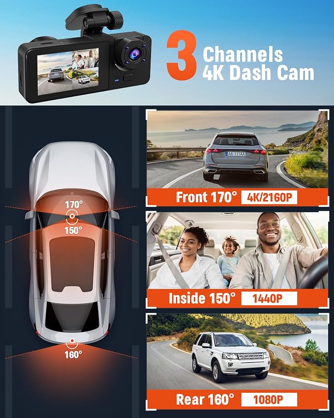3 Channel Dash Camera for Cars, 4K+1080P Full HD Dashboard Camera, Dash Cam Front and Rear Inside with 32GB SD Card,2.0 inch IPS Screen, IR Night Vision,G-Sensor,Loop Recording,24H Parking Monitor