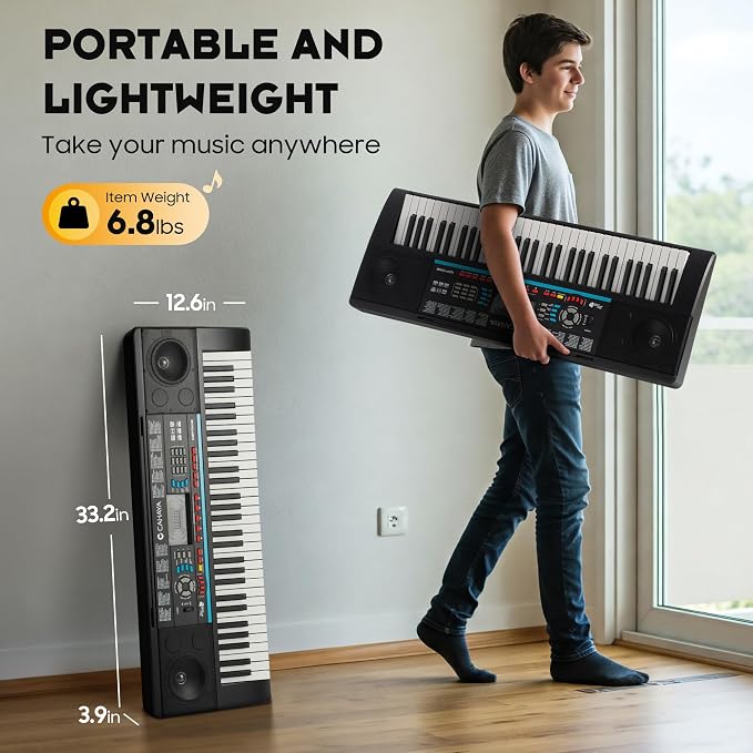 CAHAYA 61 Key Keyboard Piano – Electric Piano Set for Beginners with Stand & Stool, Microphone, Built-In Speakers, 128 Sounds & 128 Rhythms, Portable Electronic Keyboard