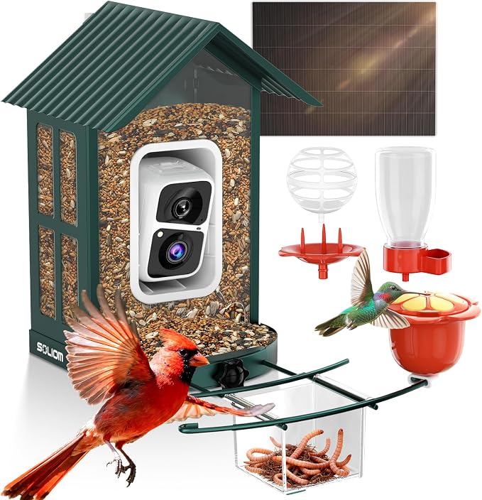 SOLIOM Bird Feeder with Camera, Solar Smart Bird Feeder Camera with AI Bird Identification, 2K HD Live View & Instant Alerts, Squirrel-Proof Metal Outdoor Bird Feeder, Bird Watching Gift Set (Green)