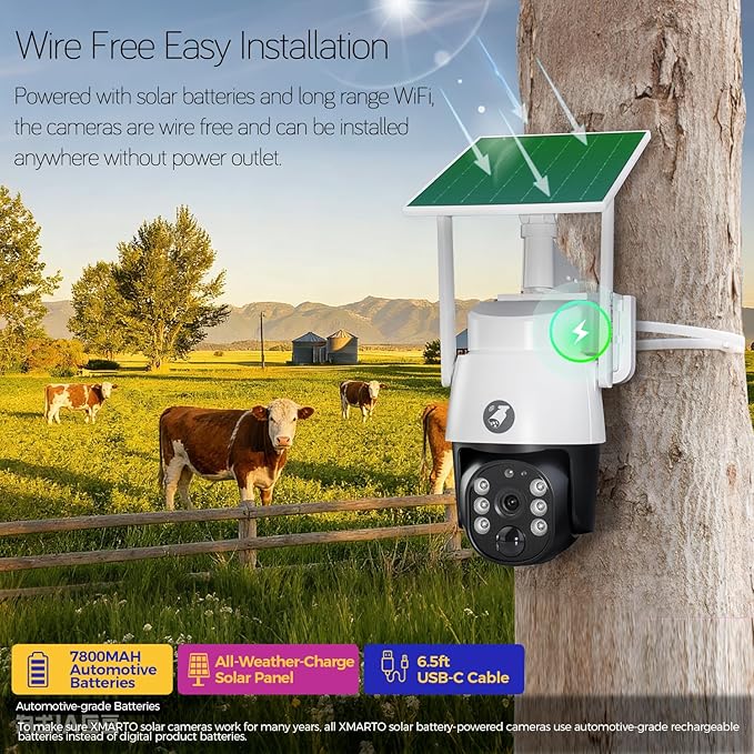 xmartO 2-Pack 4MP QHD Wireless PTZ Solar Security Camera, WiFi 6 5G Dual Band, Wire-Free Easy Installation, No Monthly Fee, Outdoor/Indoor Home Use, Wall/Ceiling/Tree/Pole/Corner Mount