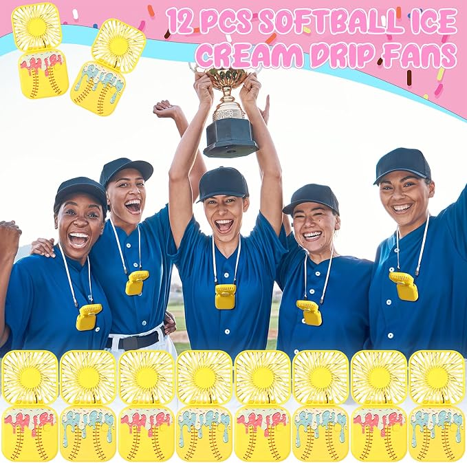 Retisee 12 Pcs Ice Cream Drip Softball Mini Portable Handheld Fans 3 Speed USB Rechargeable Necklace Fans Bulk 180° Foldable Electric Personal for Sport Party Favors Team Game Gift(Yellow)
