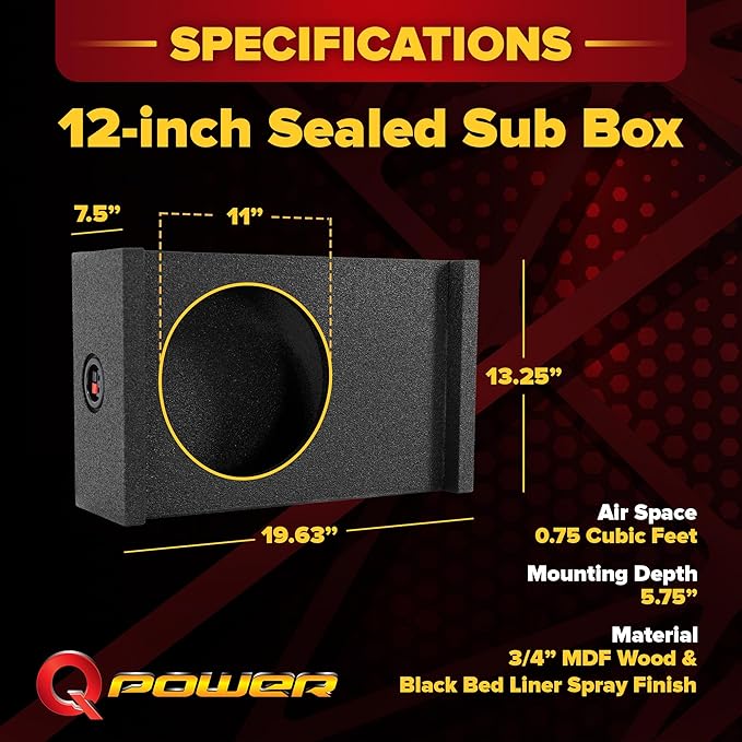 QPower Single 12-Inch Downfire or Behind-Seat Speaker Box, Features 0.75 Cubic Feet of Airspace, Compatible with Most GMC, Chevrolet, and Ford Trucks
