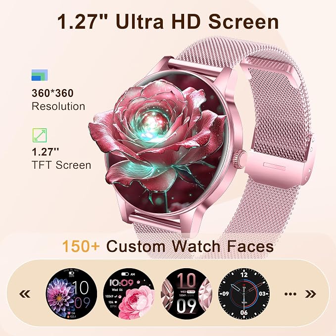 Smart Watches for Women, 1.27" HD Smart Watch for Android Phones & iPhones, Smartwatch Answer/Make Calls, Fitness Tracker with Heart Rate/Sleep/SpO2 Monitor, 110+ Sport Modes, 3 Bands (Pink)