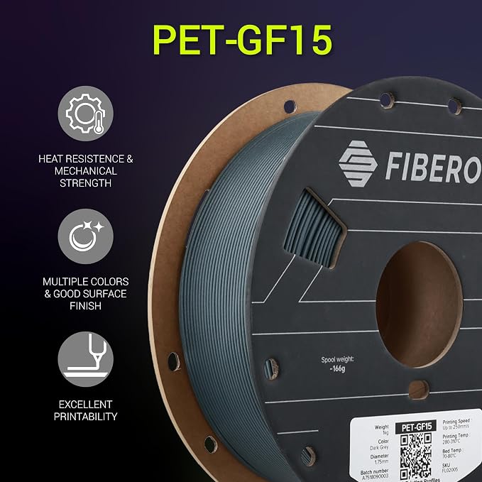 Polymaker Fiberon Dark Grey PET-GF15 3D Printer Filament 1.75mm 1KG, 15% Glass Fiber Reinforced, High Strength & Heat Resistance, Ideal for Automotive, Industrial & Functional Parts, AMS Compatible