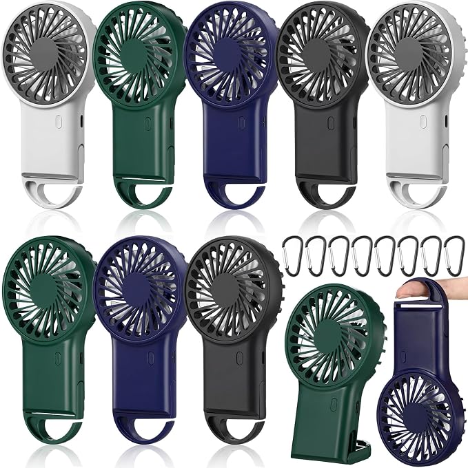 VIHOSE 8 Pcs Portable Hanging Fan, 3 Speeds Personal Rechargeable Desk Hand Held Small Fan with D Metal Hook for Cooling Small Personal Hands Outdoor Travel (Black,Dark Blue,Dark Green,White)