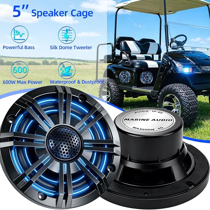 5.25" 600W Marine Speakers, IP66 Waterproof Boat Stereo Speakers with LED Lights, 2-Way Coaxial Audio, Y35 Woofer, UV & Salt Spray Resistant (Pair, Black，C)