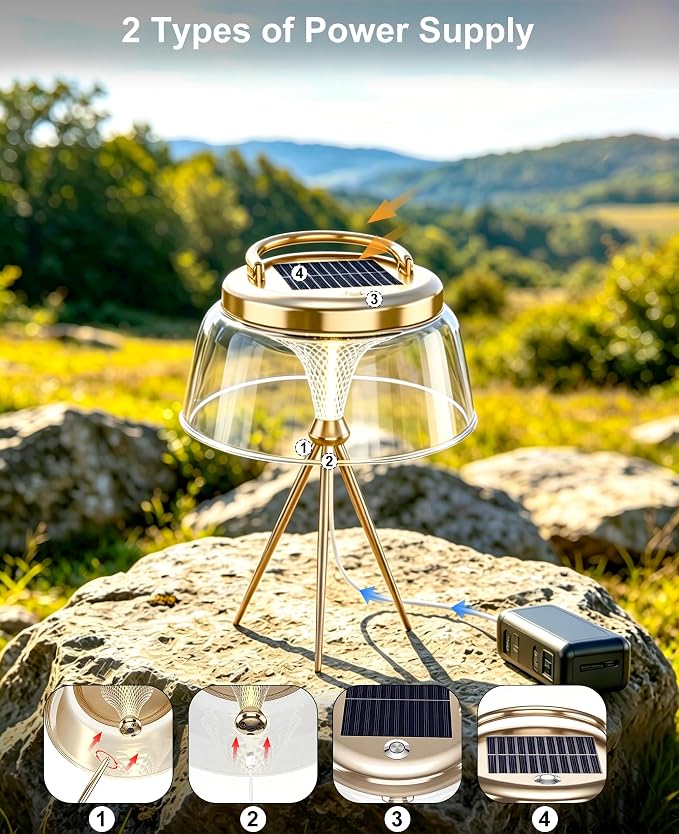 Solar Camping Lantern, 360°COB LED Camping Light Rechargeable with Solar&Type-C, IP65 Waterproof Tent Lights with Hook&Tripod Base, Bright Outdoor Hanging Lamp for Fishing, Power Outage(Gold)
