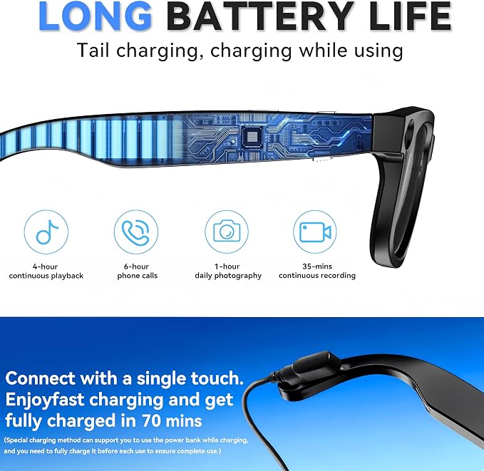 AI Smart Glasses with Camera, 8MP HD Camera Glasses for Men,Women, AI Recording Glasses with Voice Assistant,Open-Ear Audio,Real-Time Translation,Video Recording Sunglasses for Life & Work (Black)