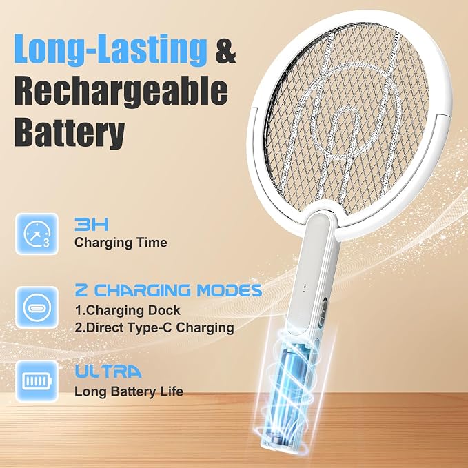 (2pack) Rotating Head Electric Fly Swatter Racket, Bug Zapper Indoor with Long Telescopic Extension 4000V USB Rechargeable Mosquito Zapper Killer with Charging Base, 3 Modes Automatic & Manual