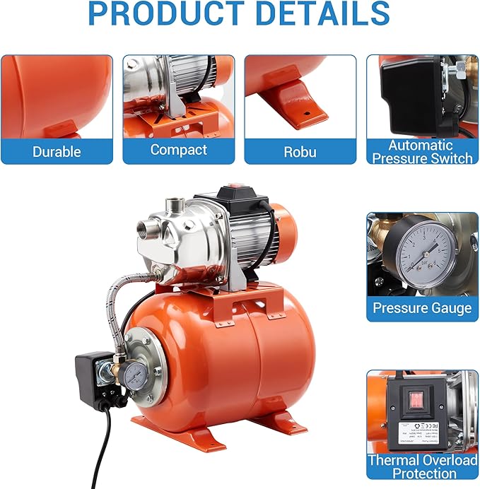 1HP Shallow Well Pump, Stainless Steel Pressure Tank, 950 GPH 115V, Winter Proof Design, for Home Garden Lawn Sprinkler Irrigation, Orage