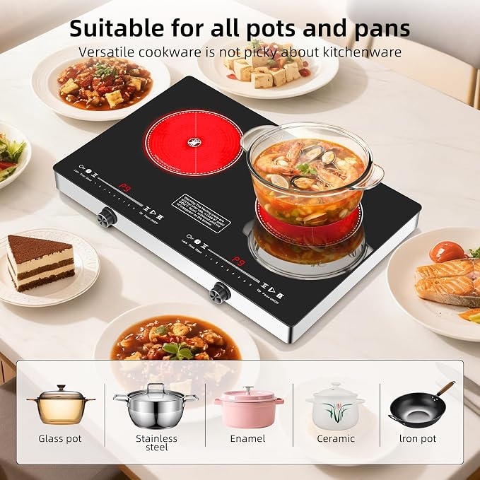 Electric Cooktop,110V 2500W Electric Stove Top with LED Knob Control,9 Power Levels, Kids Lock & Timer,Overheat Protection stove,24 Inch 2 burner cooktop