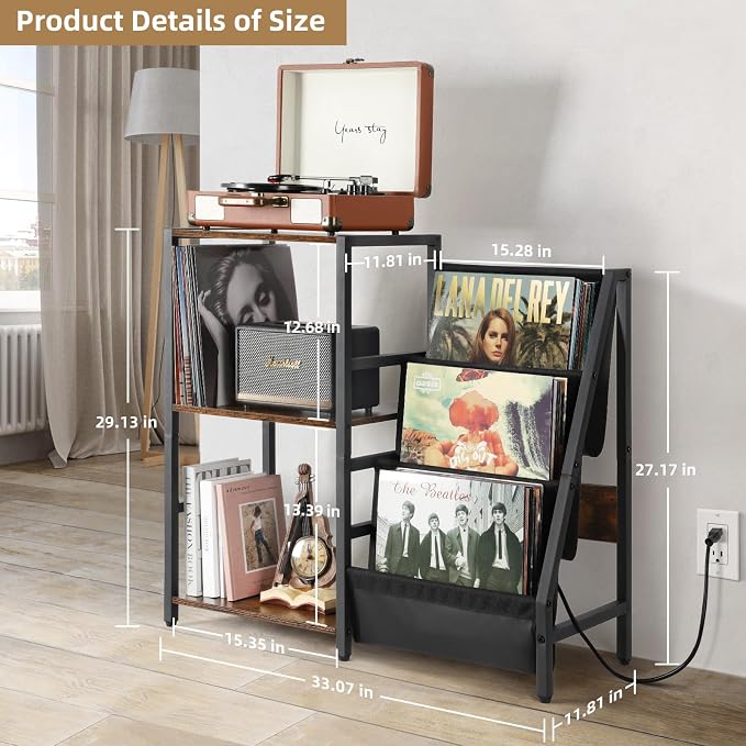 Bikoney Record Player Stand with Power Outlet, Turntable Stand with 3-Tier Vinyl Record Storage, Record Player Table Up to 200 Albums, Records Shelf, Vinyl Record Holder Cabinet for Living Room